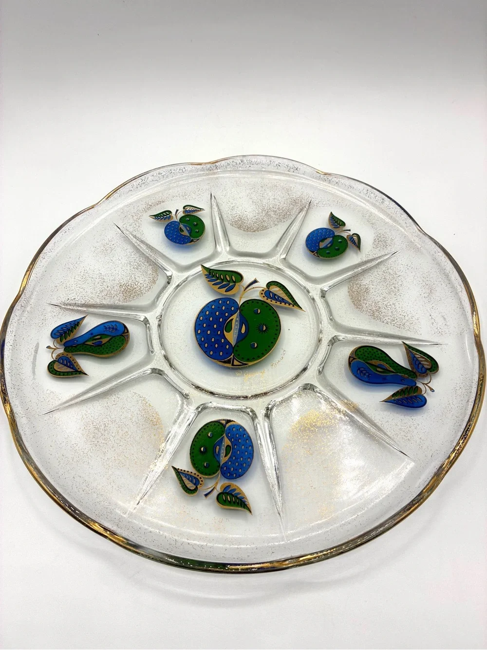 Vintage Georges Briard Divided Glass Serving Tray Gold Blue Green Fruit MCM